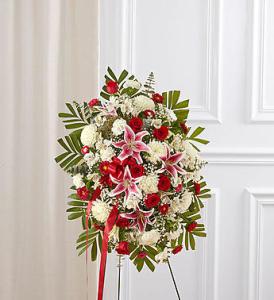 Red Rose & Lily Standing Spray – Blooms By Vickrey, Camp Hill PA