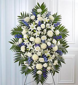 Blue & White Sympathy Standing Spray – Blooms By Vickrey, Camp Hill PA