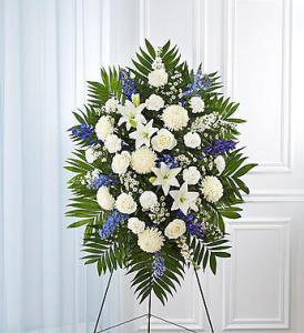 Blue & White Sympathy Standing Spray – Blooms By Vickrey, Camp Hill PA