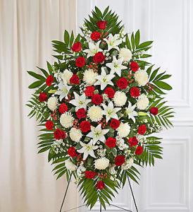 Red & White Sympathy Standing Spray – Blooms By Vickrey, Camp Hill PA