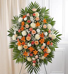 Peach, Orange & White Sympathy Standing Spray – Blooms By Vickrey, Camp Hill PA