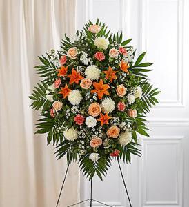 Peach, Orange & White Sympathy Standing Spray – Blooms By Vickrey, Camp Hill PA