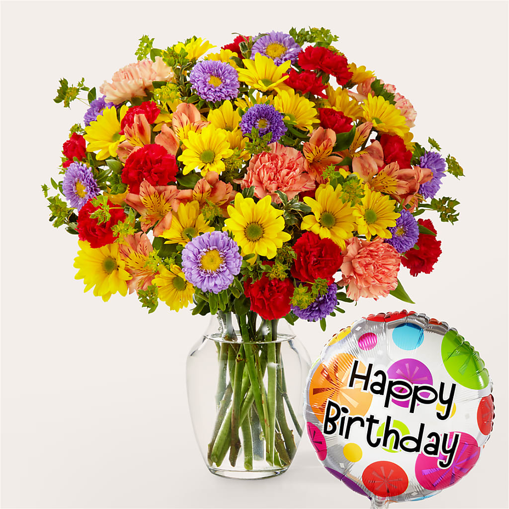 Kaleidoscope Bouquet with Birthday Balloon – Blooms By Vickrey, Camp Hill PA