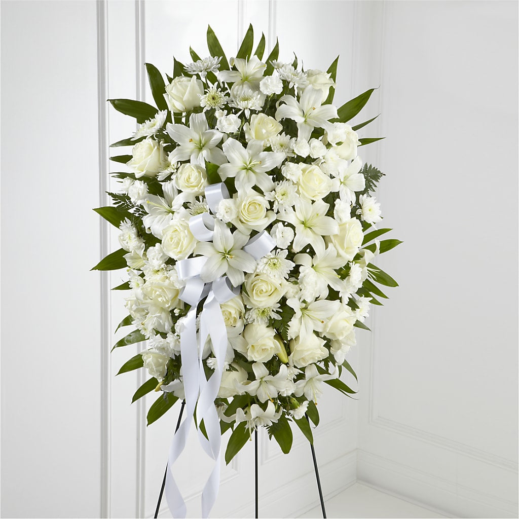 Exquisite Tribute Standing Spray-White Ribbon – Blooms By Vickrey, Camp Hill PA