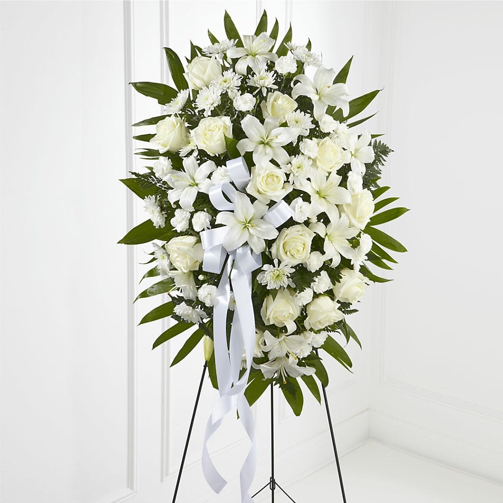 Exquisite Tribute Standing Spray-White Ribbon – Blooms By Vickrey, Camp Hill PA