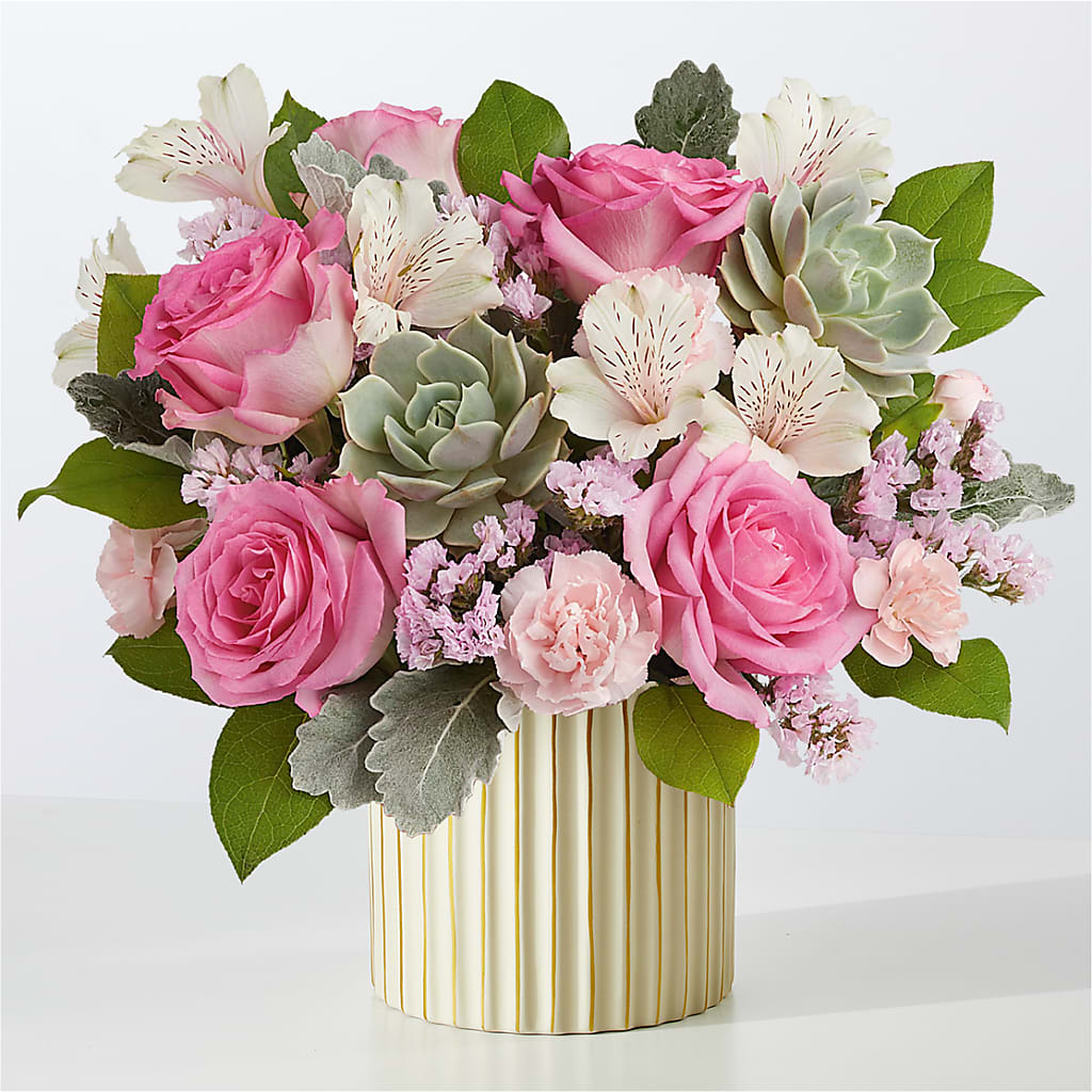 Dusty Rose Bouquet with Ivory Vase –  Blooms By Vickrey, Camp Hill PA